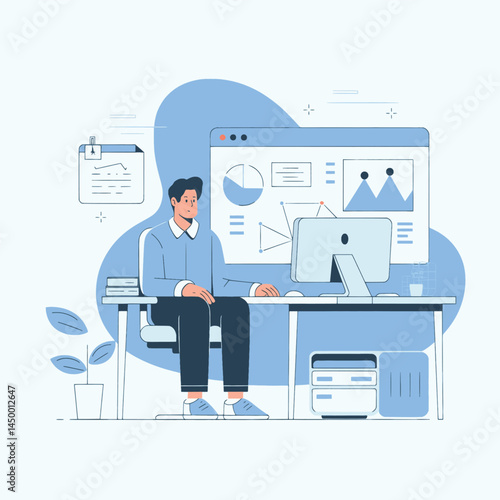 Businessman working with laptop while facing the monitor screen office background design