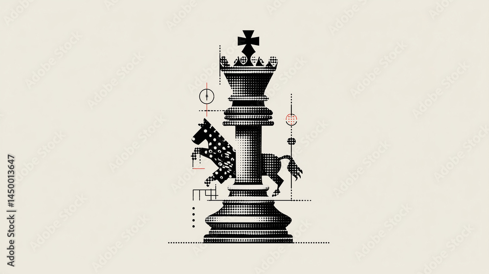 Obraz premium Halftone Chess King With Horse and Crown Motif