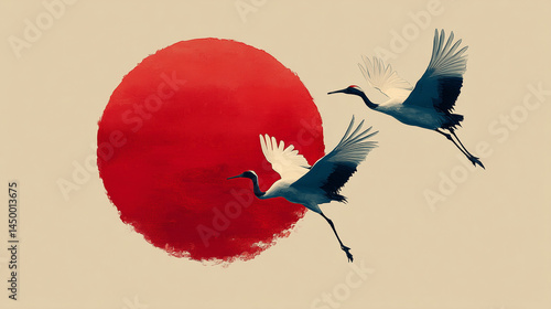 Graceful Cranes Flying Past a Red Sun Ink Painting Style