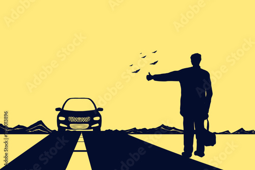 dark shadow silhouette of man hailing a taxi standing on the side of the road with hand signals