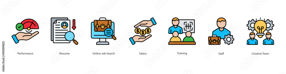 Employee Recruitment icon sheet vector performance, resume, online job search, salary, training, staff, creative team Employee Recruitment icon sheet vector performance, resume, online job search, salary, training, staff, creative team