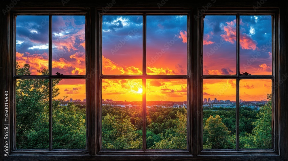 Naklejka premium Panoramic sunset view from a window