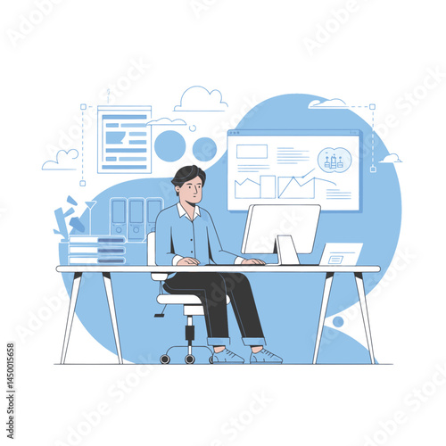 Businessman working with laptop while facing the monitor screen on office background