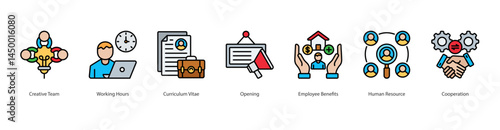 Human Resource Management icon sheet vector creative team, working hours, curriculum vitae, opening, employee benefits, human resource, cooperation