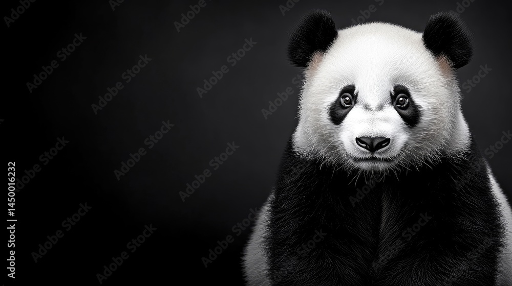Fototapeta premium Giant panda close-up with soft fur textures, deep black-and-white contrast, serene expression.