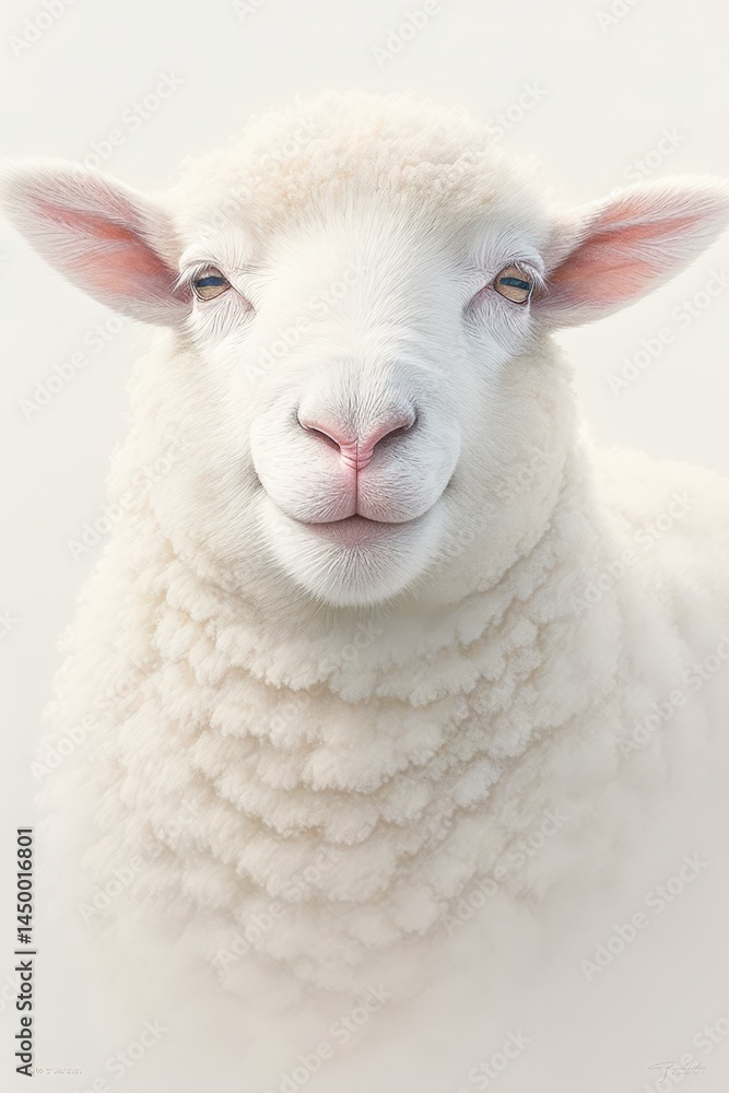Fototapeta premium A sheep faces forward, its woolly head & pink nose are highlighted