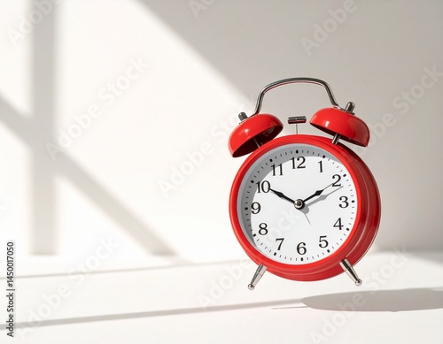 Red retro style alarm clock flying on cream white background