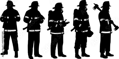 retro vintage firefighter silhouette black and white illustration, Classic Firefighter Illustration, Fire Brigade silhouette vector Illustration, Firefighter Heroes silhouettes