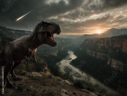 Fototapeta Naklejka Na Ścianę i Meble -  Fierce dinosaur stands on cliff overlooking winding river at sunset, with meteor streaking across cloudy sky, creating dramatic prehistoric scene