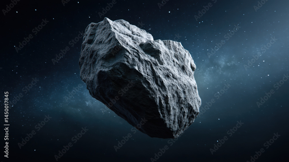 Large grayish white asteroid floating in dark space with stars and cosmic dust in background, showing rough and rocky surface texture Large grayish white asteroid floating in dark space with stars and cosmic dust in background, showing rough and rocky surface texture
