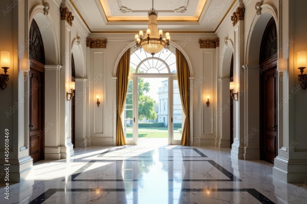 Obraz premium Grand entryway, high ceilings, marble flooring, crystal chandelier, chandelier, ornate