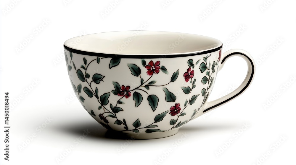 High-resolution image of a fine china tea cup with delicate floral patterns, floating on an absolutely white background. High-resolution image of a fine china tea cup with delicate floral patterns, floating on an absolutely white background.