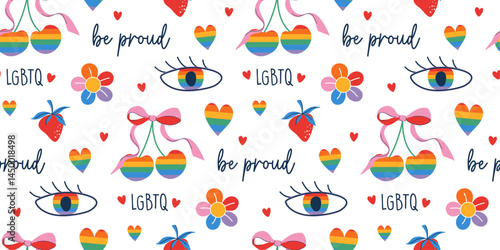 Pride celebration whimsical seamless pattern. LGBTQ community symbols with cute rainbow colors elements. Pride month background with slogans and phrases. Hand drawn flat design vector illustration.