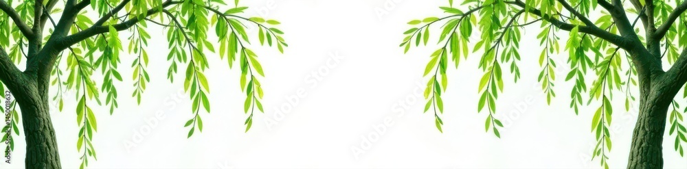 Fototapeta premium Intertwined willow boughs create elegant frame, bright green, clean white background, spring, peaceful, isolated