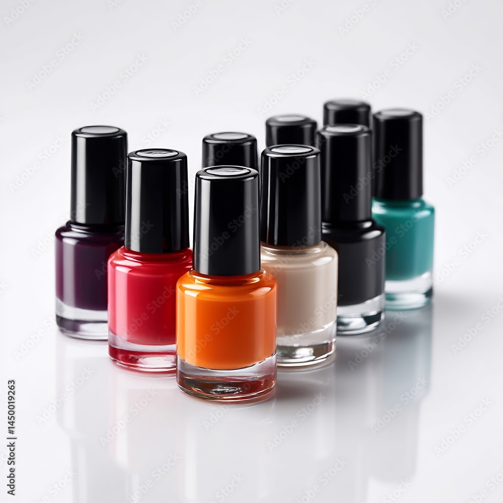 A Vibrant Spectrum of Nail Polish Bottles Displayed on Glossy White Surface A Vibrant Spectrum of Nail Polish Bottles Displayed on Glossy White Surface