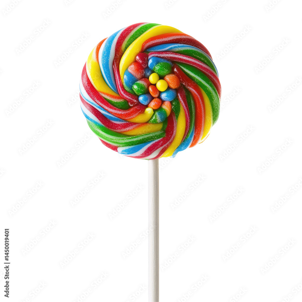 Vibrant swirl lollipop with colorful candy. A round lollipop, vibrant with rainbow swirls of hard candy, featuring small, colorful candies embedded within. Vibrant swirl lollipop with colorful candy. A round lollipop, vibrant with rainbow swirls of hard candy, featuring small, colorful candies embedded within.