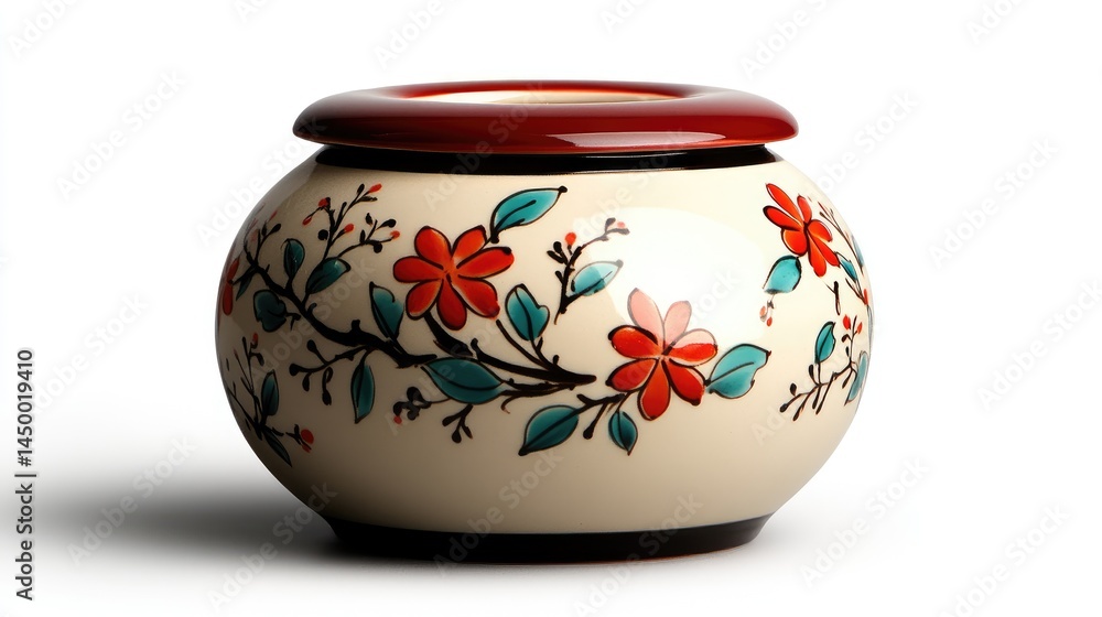 High-resolution image of a hand-painted ceramic sugar bowl with a delicate floral pattern, crisp reflections on an absolutely white background. High-resolution image of a hand-painted ceramic sugar bowl with a delicate floral pattern, crisp reflections on an absolutely white background.