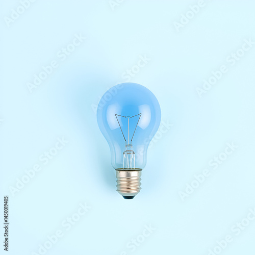 Top view of white light bulb in round shape with one blue light bulb on light blue background , differentiation and unique concept