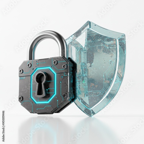 A digital padlock with blue accents standing next to a transparent shield on a white background