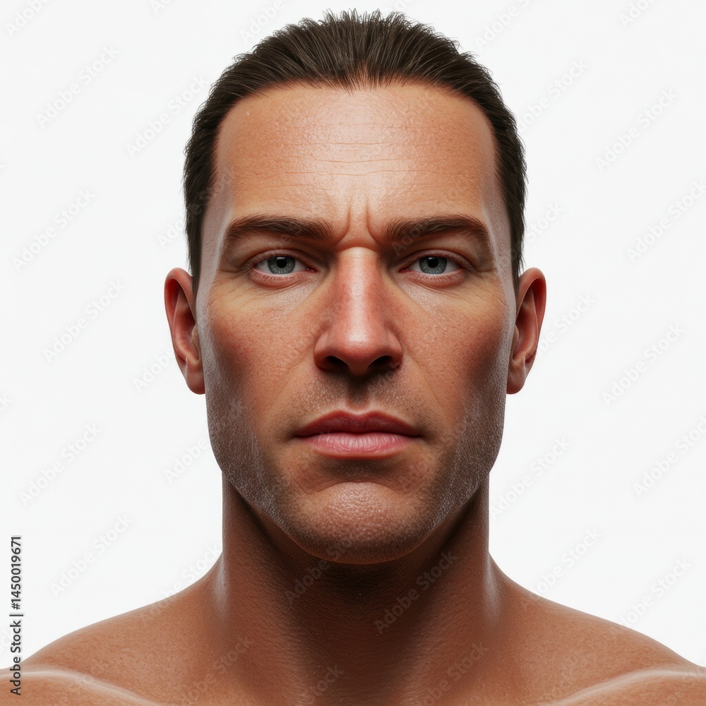 Obraz premium Close up portrait of a man with blue eyes and dark hair against a white background looking at the camera