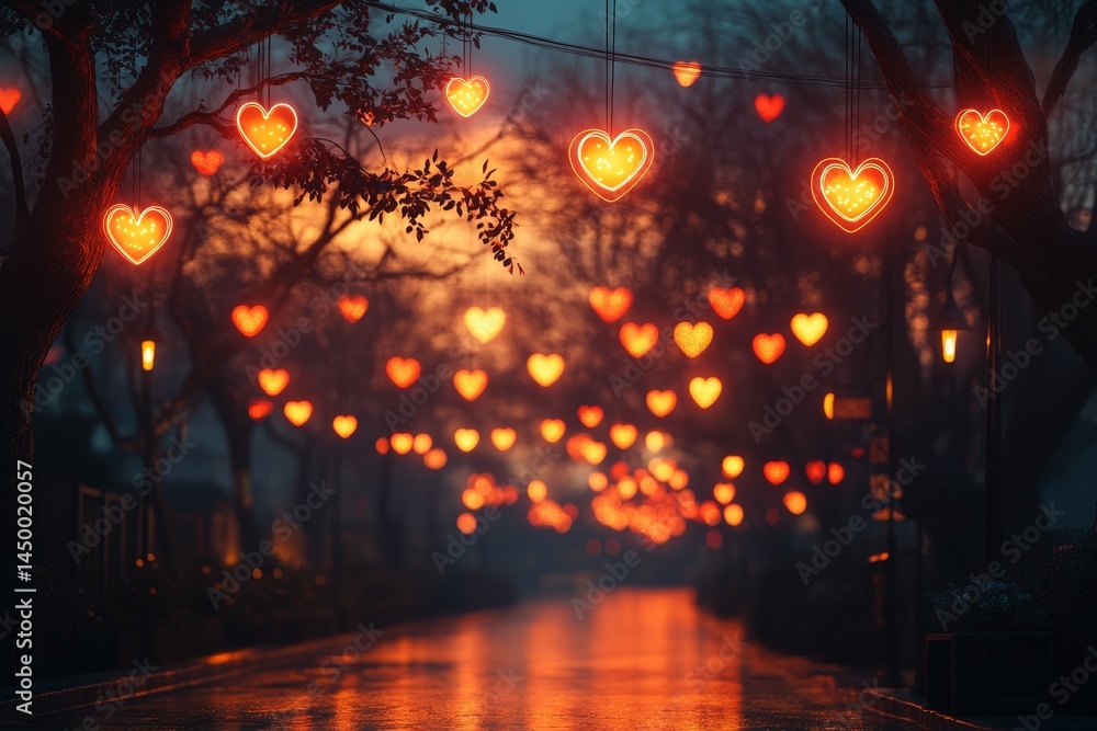 Fototapeta premium Romantic heart lights illuminate a pathway at dusk
