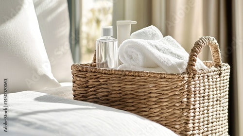 Bedside basket with essentials only one book, lotion, and water