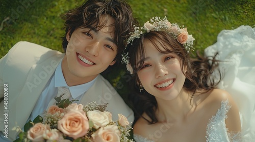 緑豊かな芝生の上で微笑む新郎新婦、花冠と淡いピンクのバラのブーケを持った自然光溢れるガーデンウェディングの幸せな一瞬・上空から撮影 -生成AI
