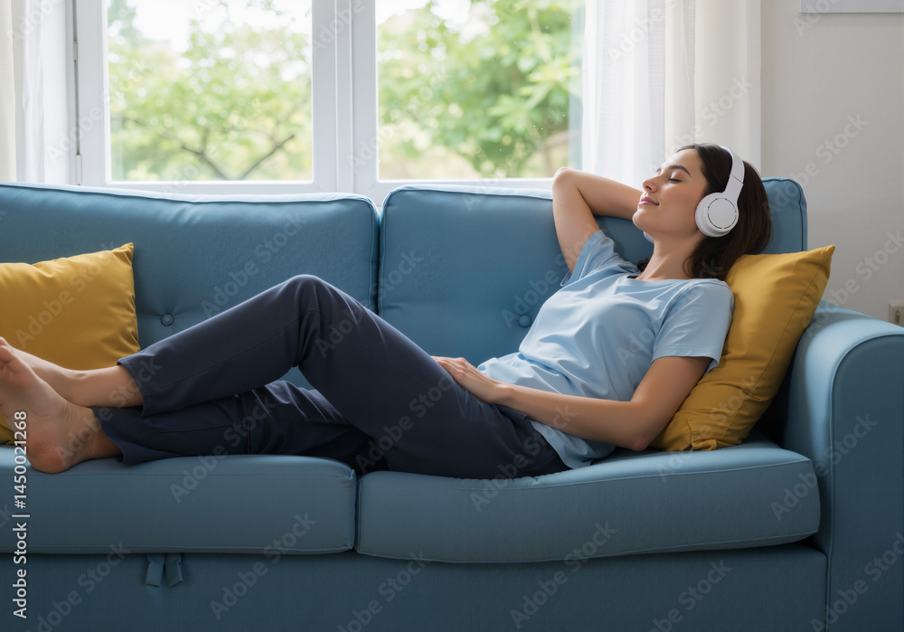 A woman is relaxing on the couch and listening to music A woman is relaxing on the couch and listening to music
