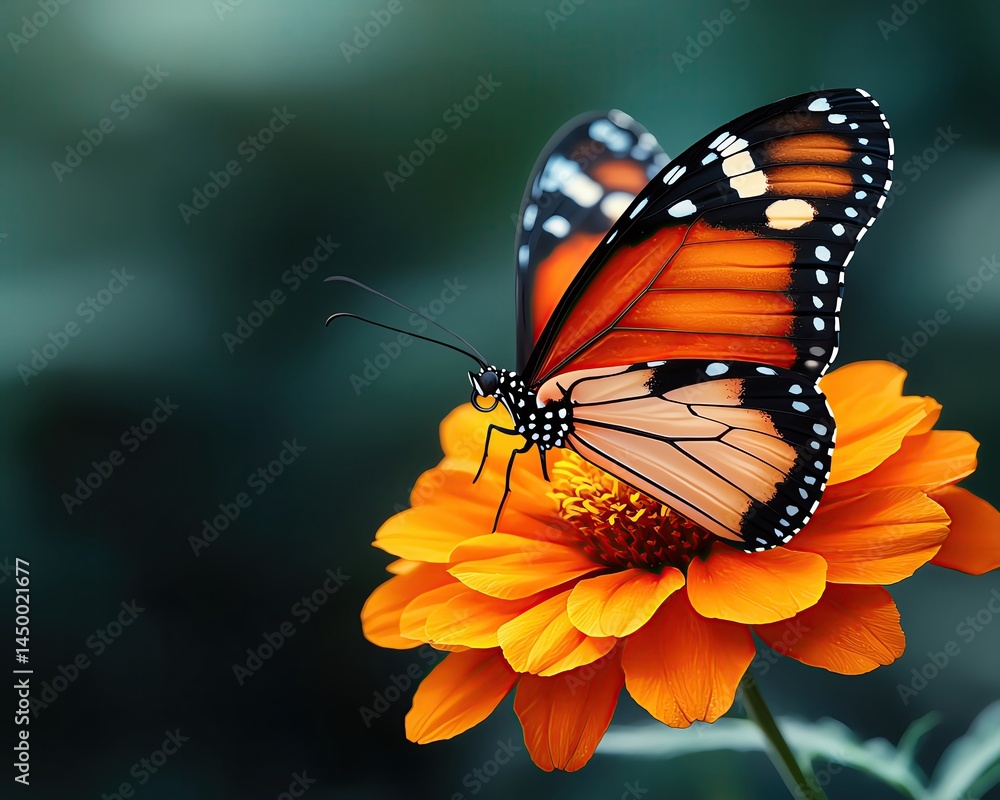 Obraz premium Pastel background butterfly on marigold surrounded by sunbeams realistic botanical mockup richly colored lens blur