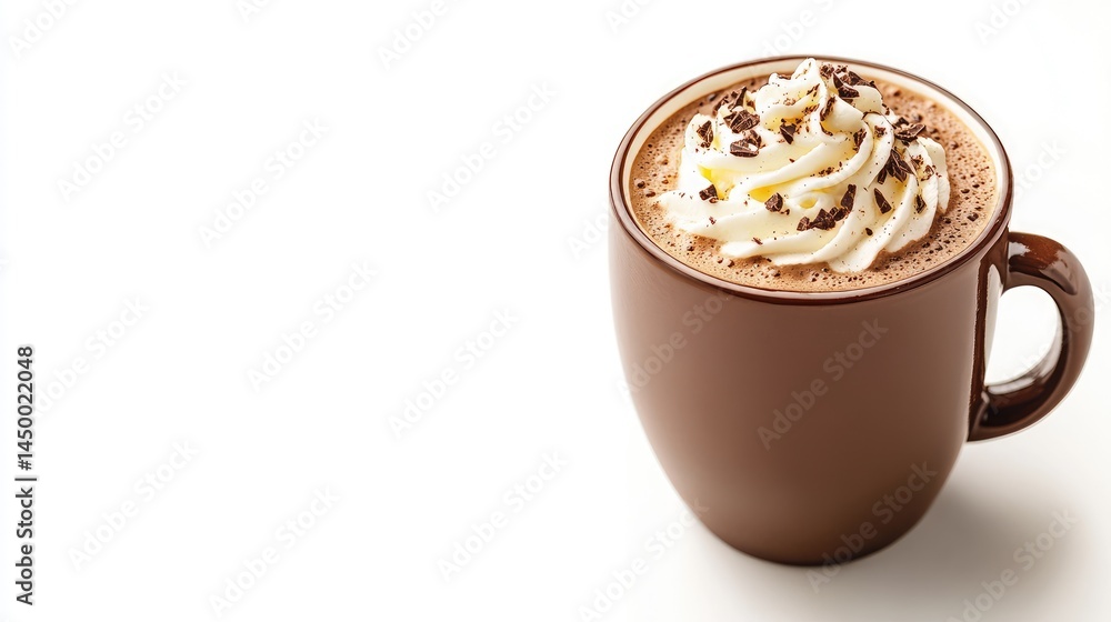 High-resolution image of a steaming hot chocolate mug with whipped cream, floating on an ideal white background. High-resolution image of a steaming hot chocolate mug with whipped cream, floating on an ideal white background.