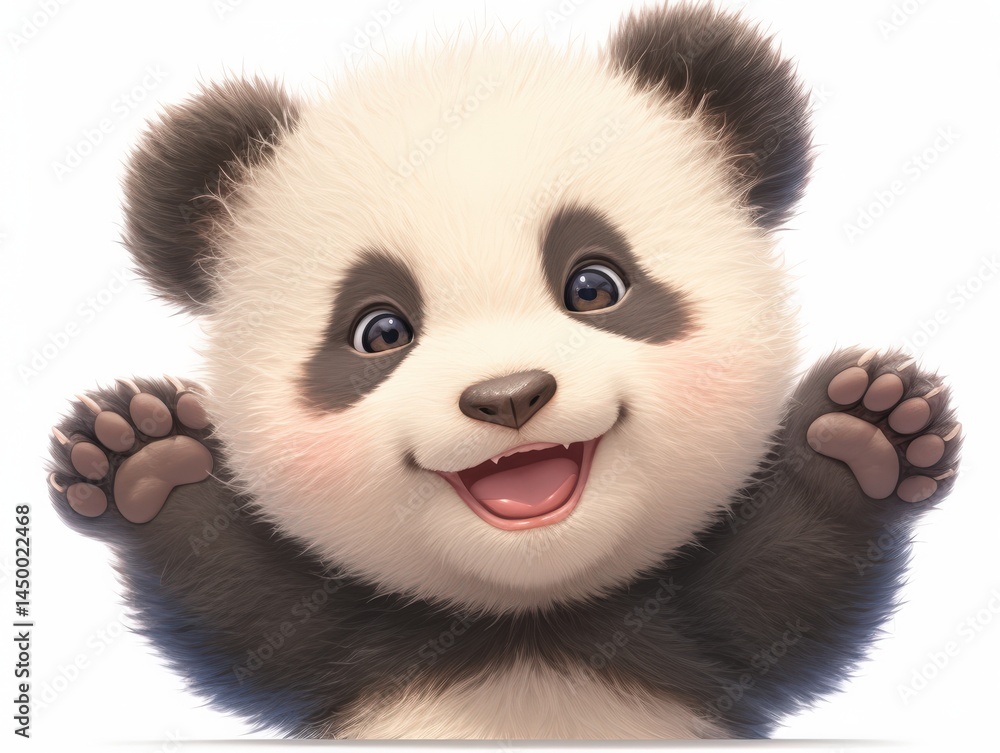Naklejka premium A smiling baby panda with its arms raised. It has cute features and soft fur