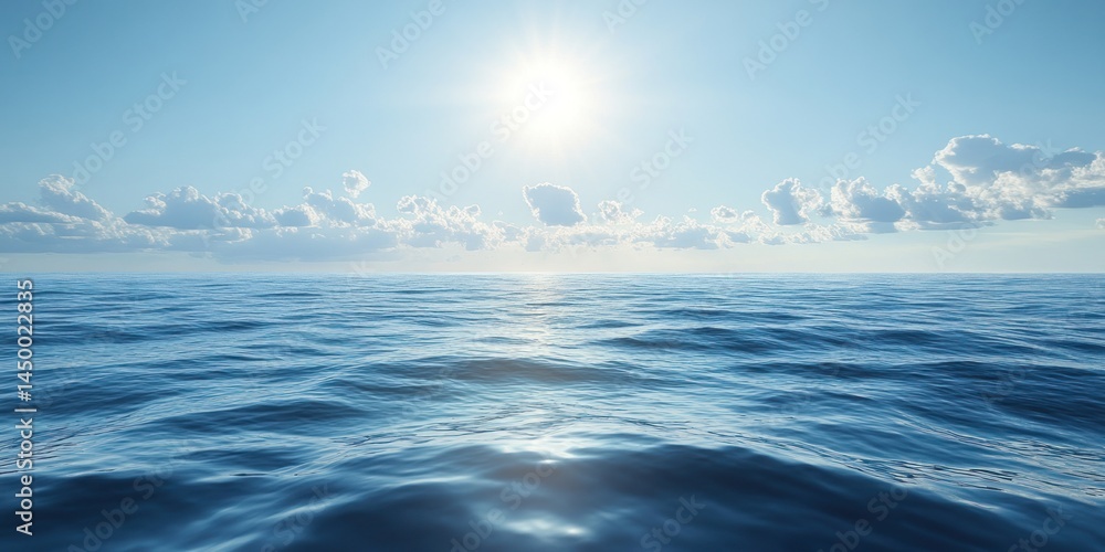 Serene Ocean View Under Bright Sunlight with Gentle Waves and Soft Clouds in the Clear Blue Sky Serene Ocean View Under Bright Sunlight with Gentle Waves and Soft Clouds in the Clear Blue Sky