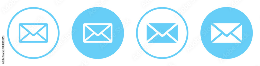 Email envelope icons set in blue color. Mail symbol collection. Envelope icon line and silhouette style. Envelope, email message and mail buttons. Notification new message icons. Vector illustration. Email envelope icons set in blue color. Mail symbol collection. Envelope icon line and silhouette style. Envelope, email message and mail buttons. Notification new message icons. Vector illustration.