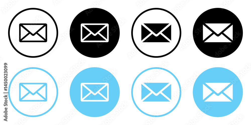 Email envelope icons set in blue and black color. Mail symbol collection. Envelope icon line and silhouette style. Envelope, email message and mail buttons. Notification new message icons. Email envelope icons set in blue and black color. Mail symbol collection. Envelope icon line and silhouette style. Envelope, email message and mail buttons. Notification new message icons.