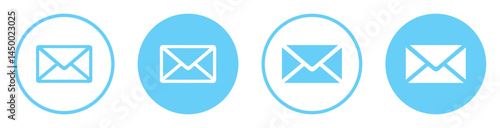 Email envelope icons set in blue color. Mail symbol collection. Envelope icon line and silhouette style. Envelope, email message and mail buttons. Notification new message icons. Vector illustration.