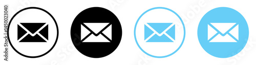 Email envelope icons set in blue and black color. Mail symbol collection. Envelope icon line and silhouette style. Envelope, email message and mail buttons. Notification new message icons.