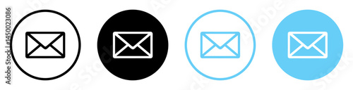 Email envelope icons set in blue and black color. Mail symbol collection. Envelope icon line and silhouette style. Envelope, email message and mail buttons. Notification new message icons.