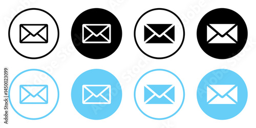 Email envelope icons set in blue and black color. Mail symbol collection. Envelope icon line and silhouette style. Envelope, email message and mail buttons. Notification new message icons.