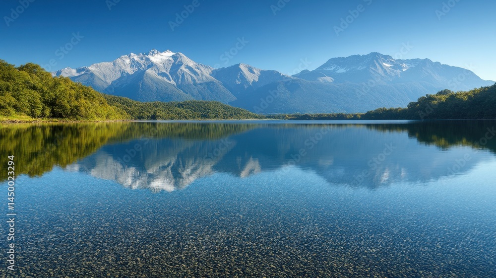 Fototapeta premium Still lake reflecting mountains under clear blue sky