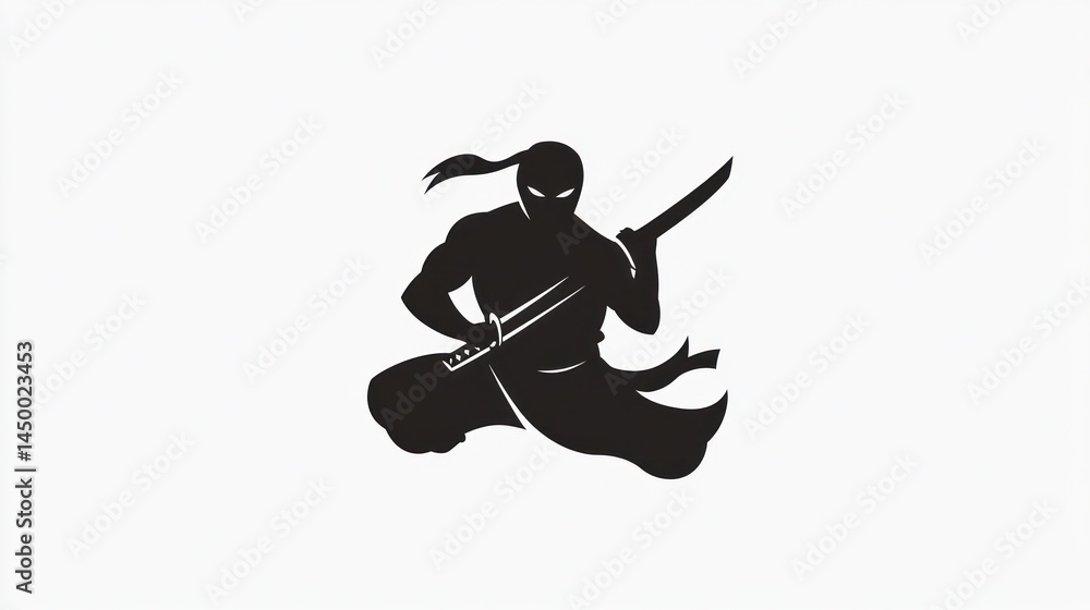 Silhouette ninja in action, dynamic pose, martial arts, background is plain white. Possible use Design element, logo, sports apparel Silhouette ninja in action, dynamic pose, martial arts, background is plain white. Possible use Design element, logo, sports apparel