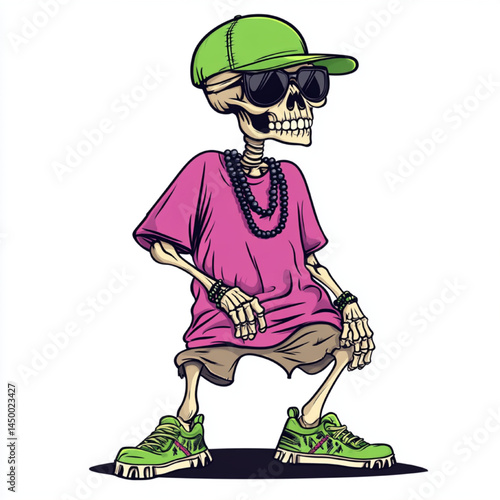 Cool Cartoon Skeleton Mascot in Streetwear with Cap, Sunglasses, and Pink Shirt, Hip Hop Urban Style Vector Illustration