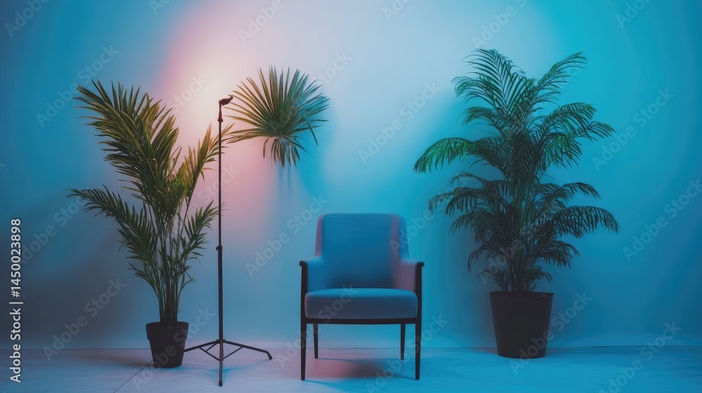 Fototapeta premium Video shoot setup with lighting and backdrops for a product demonstration