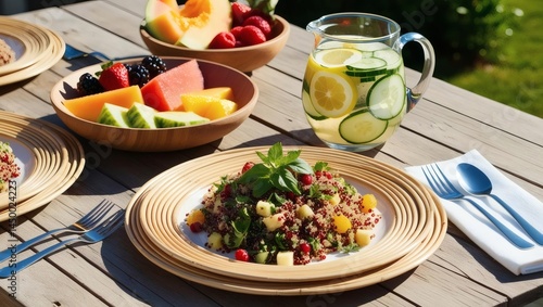 Healthy brunch with fruit salad and cucumber water served on rustic outdoor table in sunny natural setting