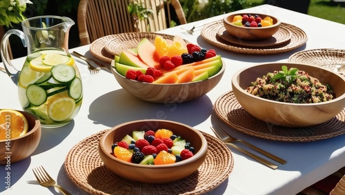Fresh fruit and salad served on outdoor table with juice and cucumber water for healthy summer meal