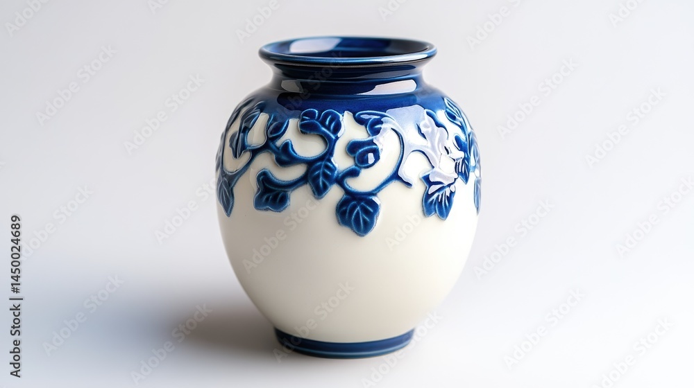 High-resolution macro of a glossy ceramic vase with intricate carvings, sharp textures on an immaculately white background. High-resolution macro of a glossy ceramic vase with intricate carvings, sharp textures on an immaculately white background.
