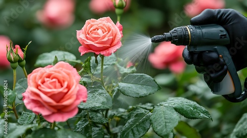 Gardening hand sprays pink rose petals with water in garden under sunlight daytime