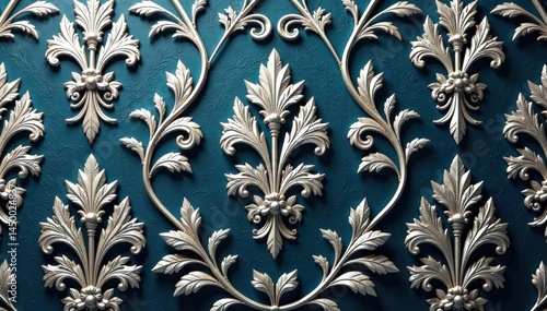 Antique silver damask pattern with curved lines and leafy branches, antique frames, vintage, silver accents