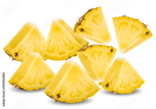 Juicy Pineapple Chunks with Floating Fruit Pieces on White Background