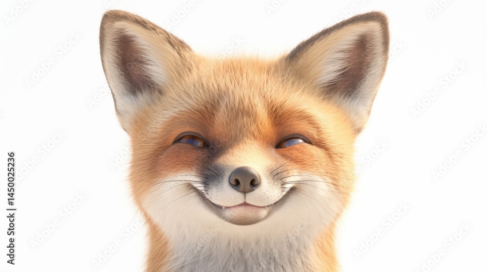 Fototapeta premium A smiling fox head against a plain white background, radiating joy and warmth