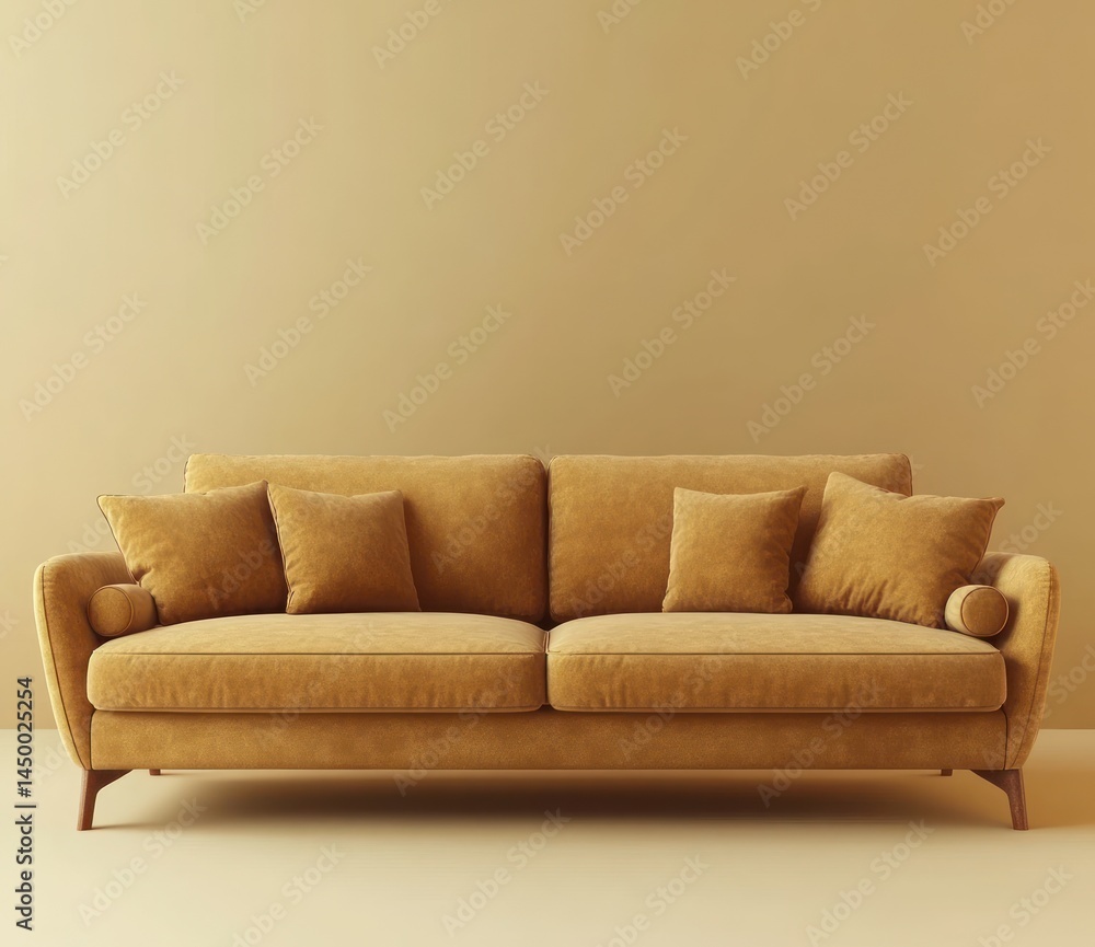 Cozy mustard yellow fabric sofa with plush cushions in a minimalist living room setting and exposed wooden legs Cozy mustard yellow fabric sofa with plush cushions in a minimalist living room setting and exposed wooden legs
